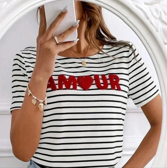 Striped & Letter Graphic Tee, Casual Style, Effortless Chic - Picture 2 of 5